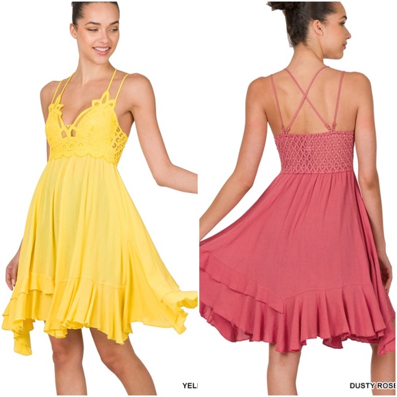 CROCHET LACE WITH WOVEN CRINKLE ASYMMETRIC RUFFLE TRIM CAMI DRESS - Picture 5 of 6